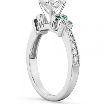 Butterfly Diamond & Emerald Engagement Ring 18k White Gold (0.20ct)