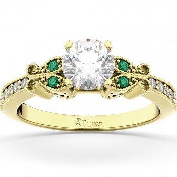 Butterfly Diamond & Emerald Engagement Ring 18k Yellow Gold (0.20ct)