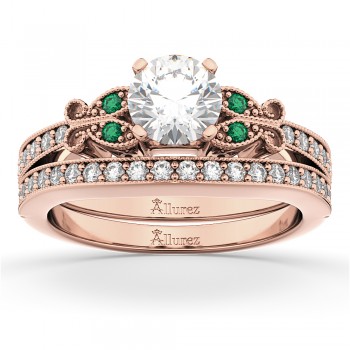 Butterfly Diamond & Emerald Bridal Set 14k Rose Gold (0.42ct)