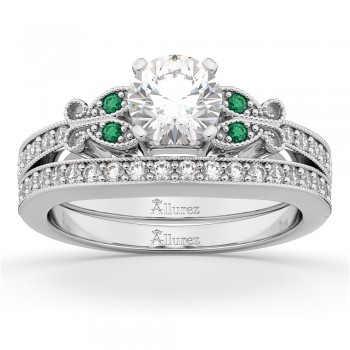 Butterfly Diamond & Emerald Bridal Set 14k White Gold (0.42ct)