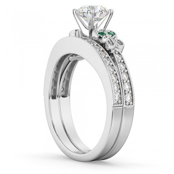 Butterfly Diamond & Emerald Bridal Set 14k White Gold (0.42ct)