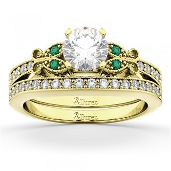 Butterfly Diamond & Emerald Bridal Set 14k Yellow Gold (0.42ct)