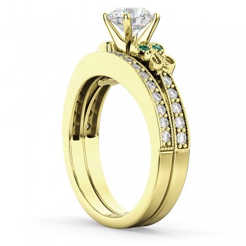 Butterfly Diamond & Emerald Bridal Set 14k Yellow Gold (0.42ct)