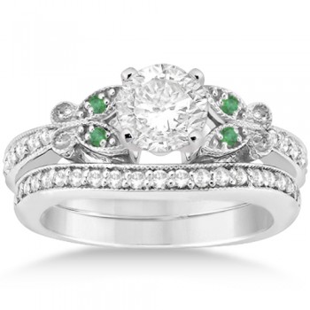 Butterfly Diamond & Emerald Bridal Set 18k White Gold (0.42ct)