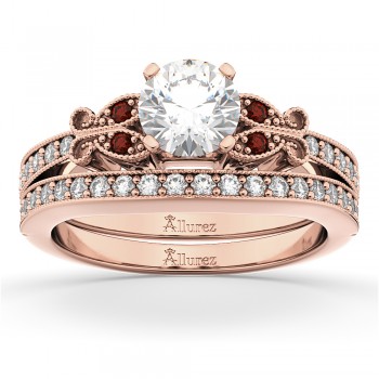 Butterfly Diamond & Garnet Bridal Set 14k Rose Gold (0.42ct)