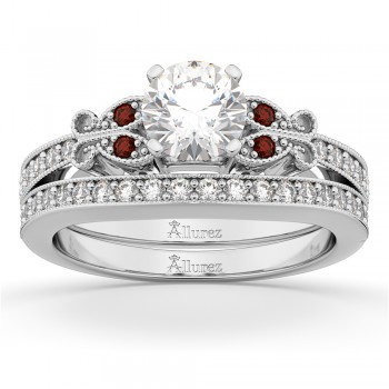 Butterfly Diamond & Garnet Bridal Set 14k White Gold (0.42ct)