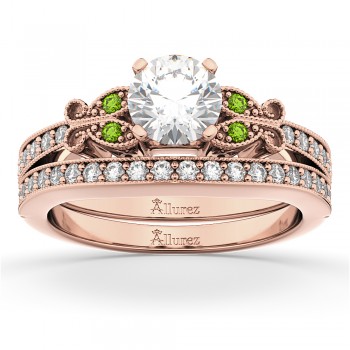 Butterfly Diamond & Peridot Bridal Set 14k Rose Gold (0.42ct)