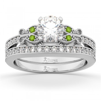 Butterfly Diamond & Peridot Bridal Set 14k White Gold (0.42ct)