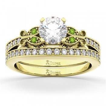 Butterfly Diamond & Peridot Bridal Set 14k Yellow Gold (0.42ct)