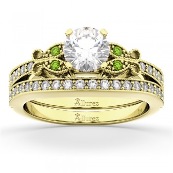 Butterfly Diamond & Peridot Bridal Set 14k Yellow Gold (0.42ct)