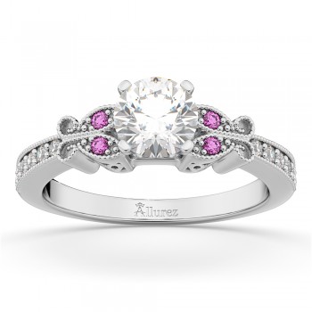 Butterfly Diamond & Pink Sapphire Engagement Ring 14k White Gold (0.20ct)