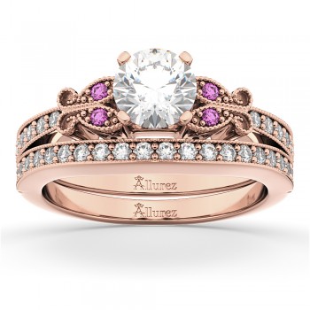 Butterfly Diamond & Pink Sapphire Bridal Set 14k Rose Gold (0.42ct)