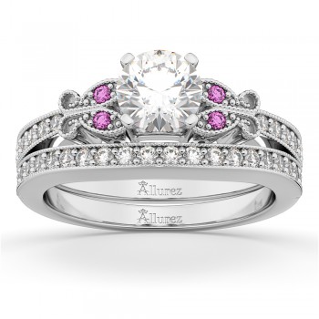 Butterfly Diamond & Pink Sapphire Bridal Set 14k White Gold (0.42ct)