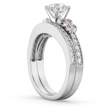 Butterfly Diamond & Pink Sapphire Bridal Set 14k White Gold (0.42ct)