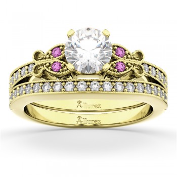 Butterfly Diamond & Pink Sapphire Bridal Set 14k Yellow Gold (0.42ct)