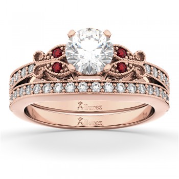 Butterfly Diamond & Ruby Bridal Set 14k Rose Gold (0.42ct)