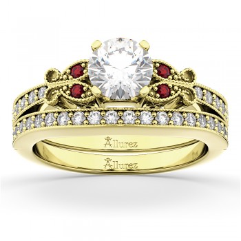 Butterfly Diamond & Ruby Bridal Set 14k Yellow Gold (0.42ct)