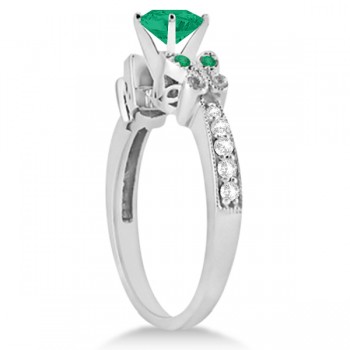 Butterfly Genuine Emerald & Diamond Engagement Ring 18k W. Gold (0.71ct)