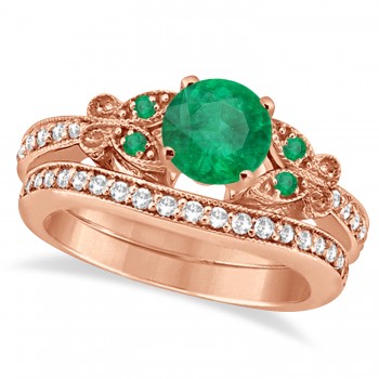 Butterfly Genuine Emerald & Diamond Bridal Set 14k Rose Gold 0.93ct