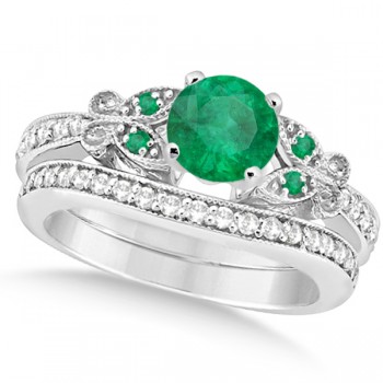 Butterfly Genuine Emerald & Diamond Bridal Set 14k White Gold (2.13ct)