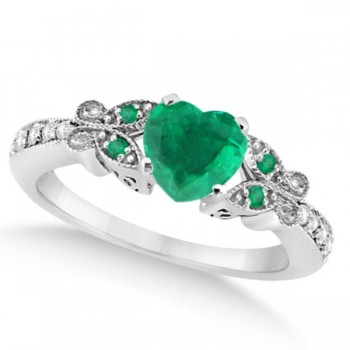 Butterfly Genuine Emerald & Diamond Heart Bridal Set 14k Gold 1.53ct