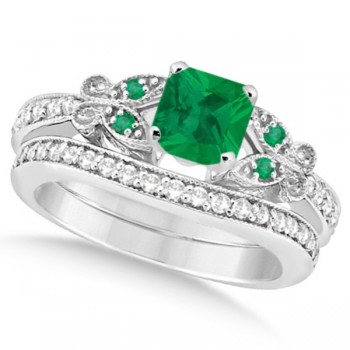 Butterfly Emerald & Diamond Princess Bridal Set 14k White Gold 1.53ct