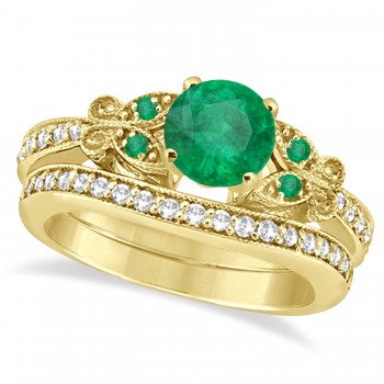 Butterfly Genuine Emerald & Diamond Bridal Set 14k Yellow Gold 1.33ct