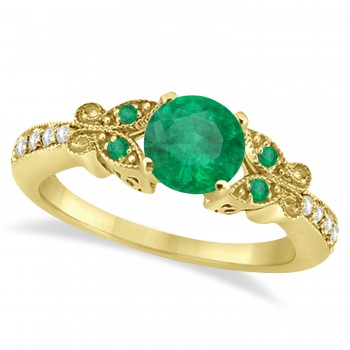 Butterfly Genuine Emerald & Diamond Bridal Set 18K Yellow Gold 0.93ct