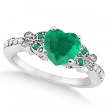 Butterfly Genuine Emerald & Diamond Heart Bridal Set 14k Gold 1.93ct