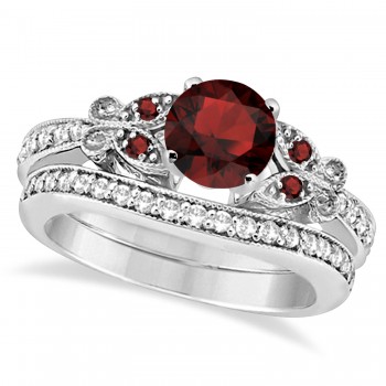 Butterfly Genuine Garnet & Diamond Bridal Set 18K White Gold (2.05ct)