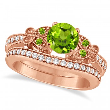 Butterfly Genuine Peridot & Diamond Bridal Set 14k Rose Gold 0.93ctw