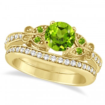 Butterfly Genuine Peridot & Diamond Bridal Set 14k Yellow Gold 0.93ctw