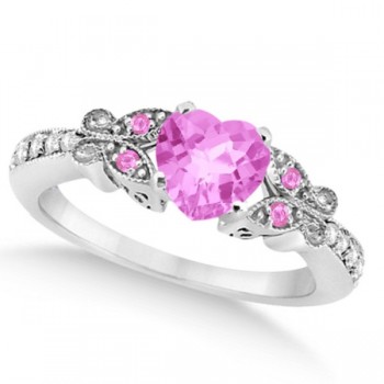 Butterfly Pink Sapphire & Diamond Heart Engagement 14k W Gold 1.33ct