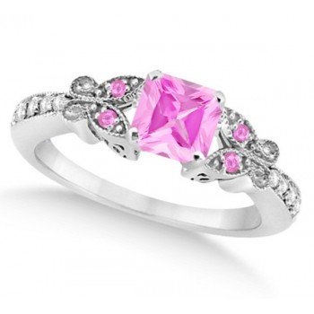 Butterfly Pink Sapphire & Diamond Princess Ring 14K White Gold 1.33ct