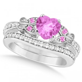 Butterfly Pink Sapphire & Diamond Heart Bridal Set 14k W Gold 1.95ct