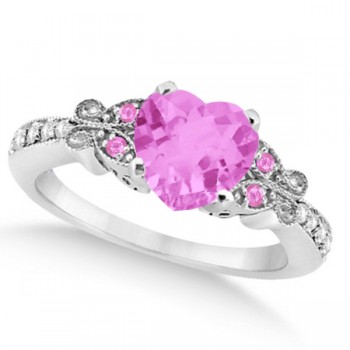 Butterfly Pink Sapphire & Diamond Heart Bridal Set 14k W Gold 1.95ct