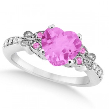 Butterfly Pink Sapphire & Diamond Heart Bridal Set 14k W Gold 2.70ct