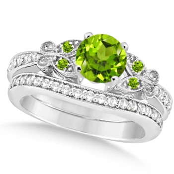 Butterfly Genuine Peridot & Diamond Bridal Set 14k White Gold 0.93ctw