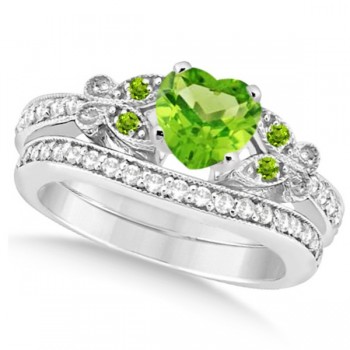 Butterfly Genuine Peridot & Diamond Heart Bridal Set 14k W Gold 1.53ct