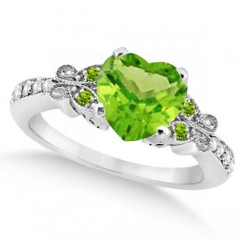 Butterfly Genuine Peridot & Diamond Heart Bridal Set 14k W Gold 2.68ct