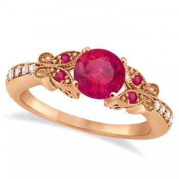 Butterfly Genuine Ruby & Diamond Engagement Ring 14K Rose Gold 0.86ct