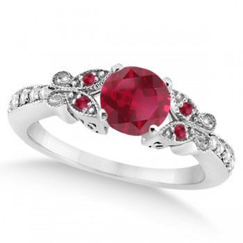 Butterfly Genuine Ruby & Diamond Engagement Ring 14K White Gold 0.86ct