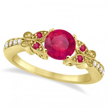 Butterfly Genuine Ruby & Diamond Engagement Ring 14K Yellow Gold 1.26ct