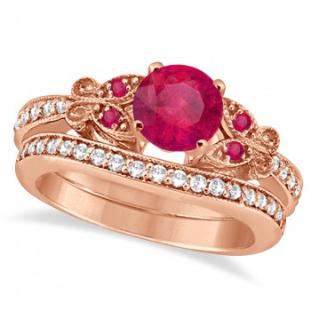 Butterfly Genuine Ruby & Diamond Bridal Set 14k Rose Gold (2.03ct)