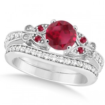 Butterfly Genuine Ruby & Diamond Bridal Set 14k White Gold 1.08ctw