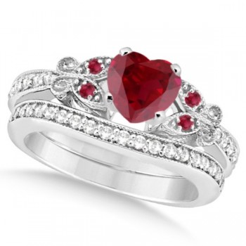 Butterfly Genuine Ruby & Diamond Heart Bridal Set 14k W. Gold 1.53ct