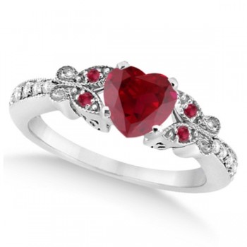 Butterfly Genuine Ruby & Diamond Heart Bridal Set 14k W. Gold 1.53ct