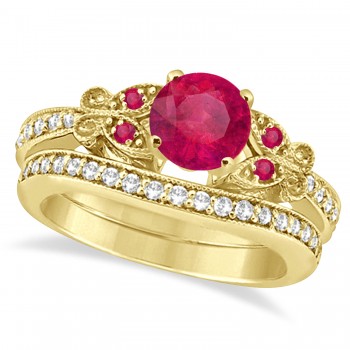 Butterfly Genuine Ruby & Diamond Bridal Set 14k Yellow Gold 1.08ctw