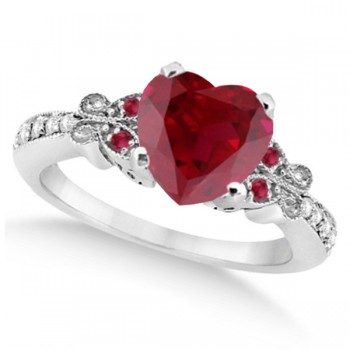 Butterfly Genuine Ruby & Diamond Heart Bridal Set 14k W. Gold 1.93ct