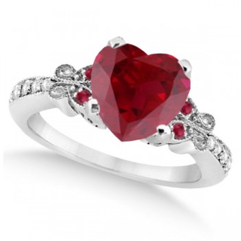 Butterfly Genuine Ruby & Diamond Heart Bridal Set 14k W. Gold 2.68ct